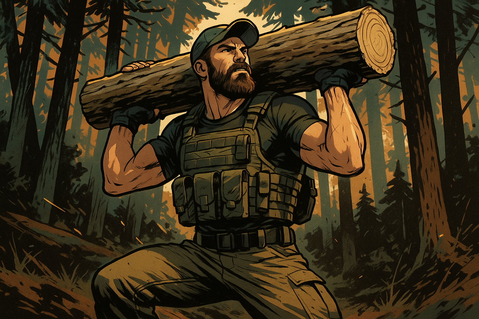 Hunter carrying a log in the forest