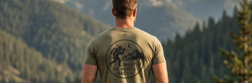 Man wearing Bigfoot Hunting What if he Hunts us Tee