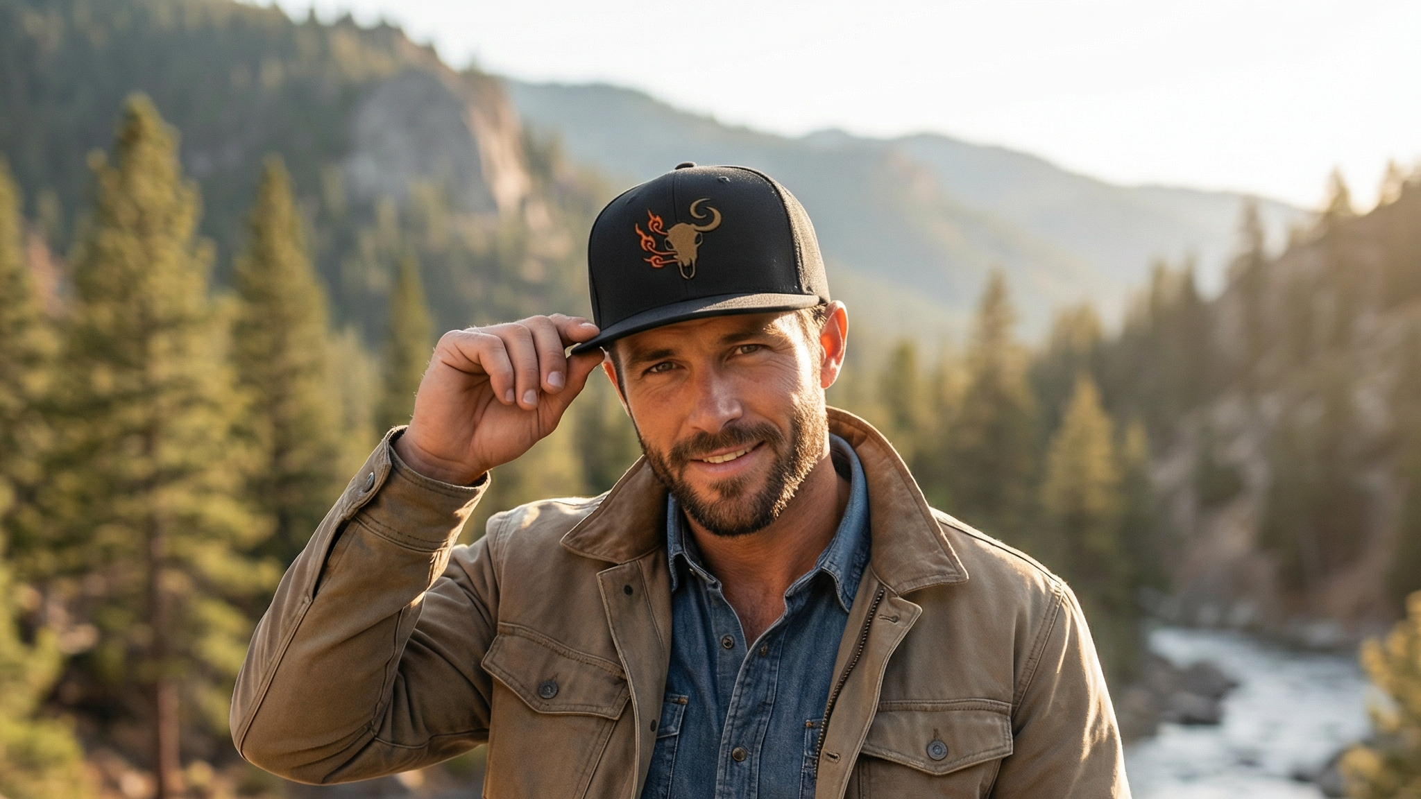 Man wearing Hunting Apparel for the Obsessed Snapback Hat with Buck Deer Leather Patch.