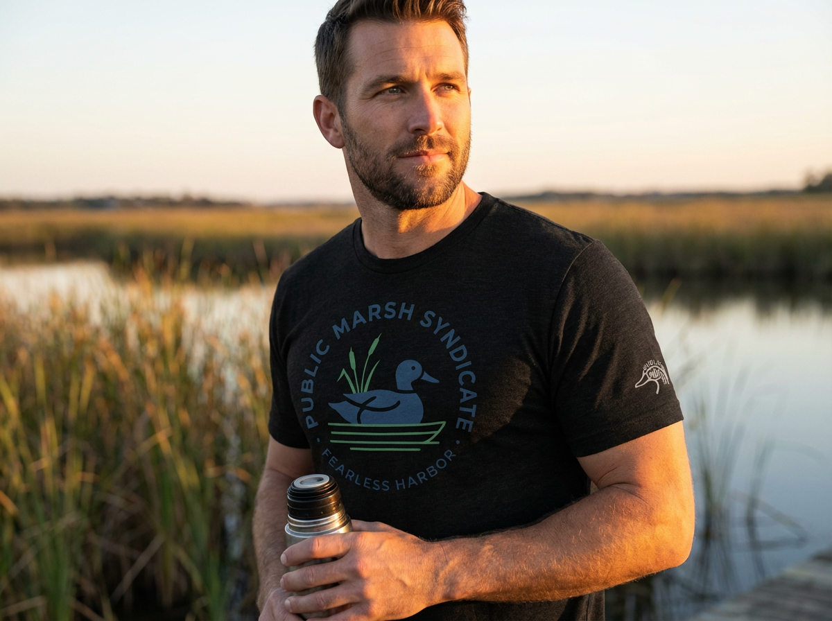 Man wearing Public Marsh Duck Waterfowl Hunting Tee in Black.