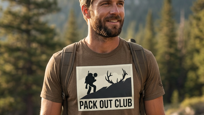Man wearing an Elk Hunting 'Pack Out Club' t-shirt in a mountainous forest setting.