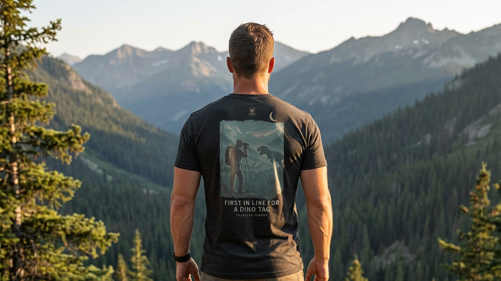 Man wearing Dinosaur Hunting Dino Tag in Black.