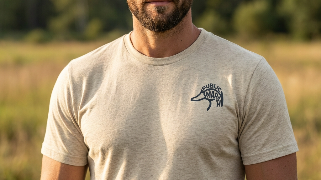 Man outdoors wearing Public Marsh Waterfowl Tee in Oatmeal Triblend front view with Duck emblem