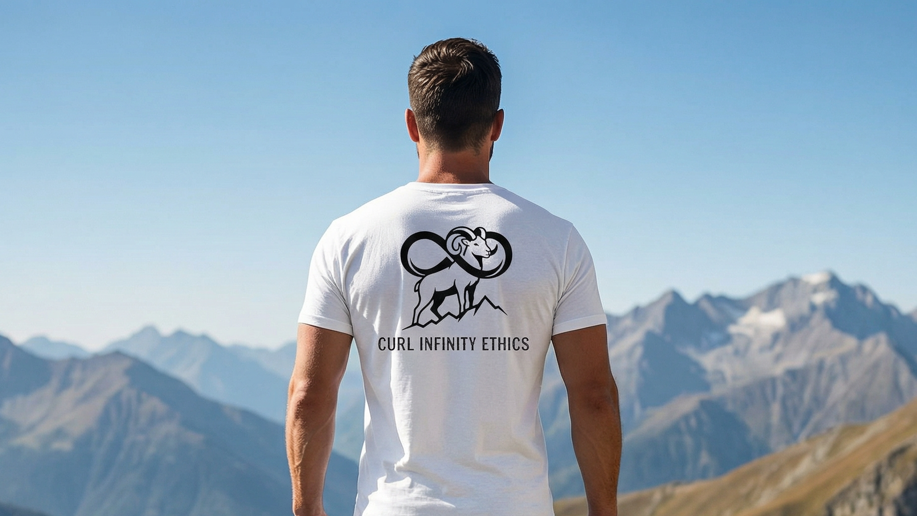 Man wearing Curl Infinity Bighorn Sheep Ram Tee in White in an Outdoor Mountain Setting.