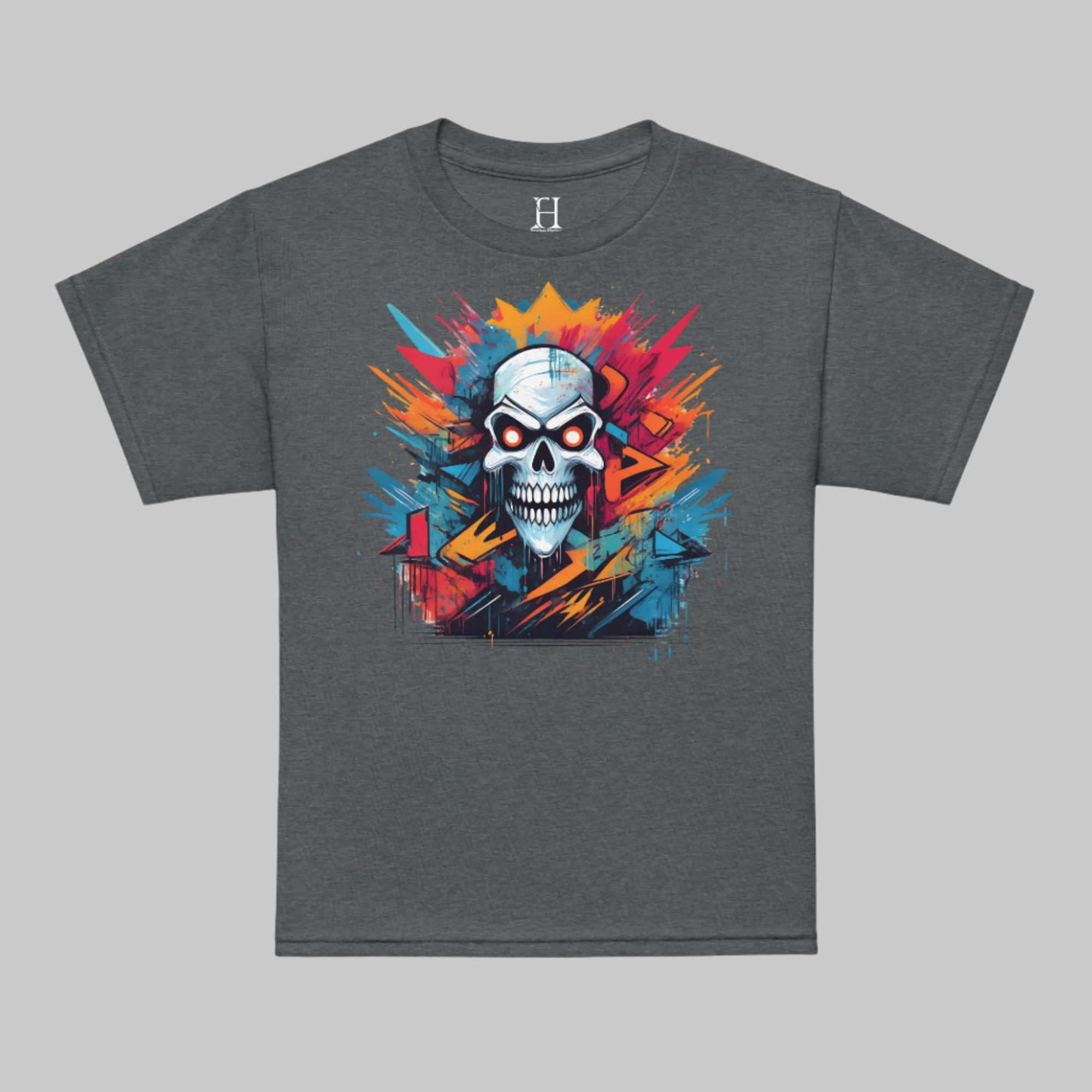 Front of Boys T-shirt in Grey with Skull Design.