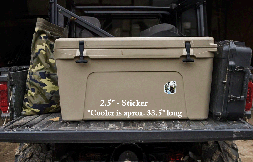 2.5 inch Hook Line Sasquatch die cut sticker featuring a fisherman and sasquatch, applied to a camping cooler.