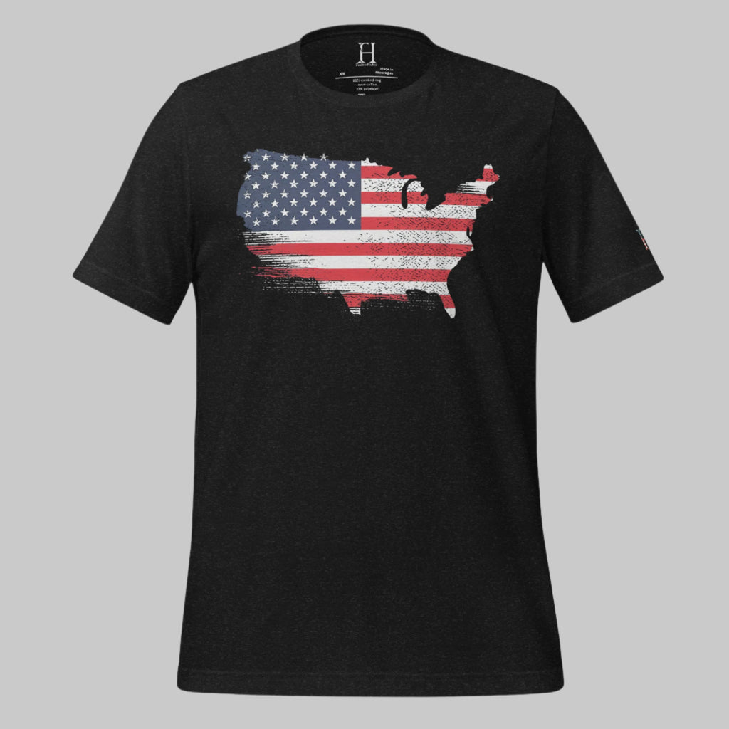 Black heather tri-blend tee with bold USA map flag graphic — made for those who wear loyalty in every thread.