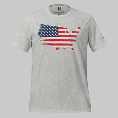 Grey tri-blend t-shirt with U.S.-shaped American flag graphic — a worn-in symbol of unwavering patriotism.