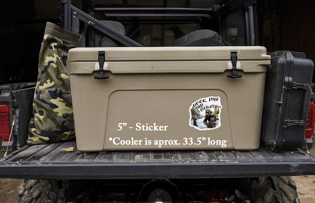 5 inch Hook Line Sasquatch outdoor sticker applied to cooler surface, perfect for gear customization.