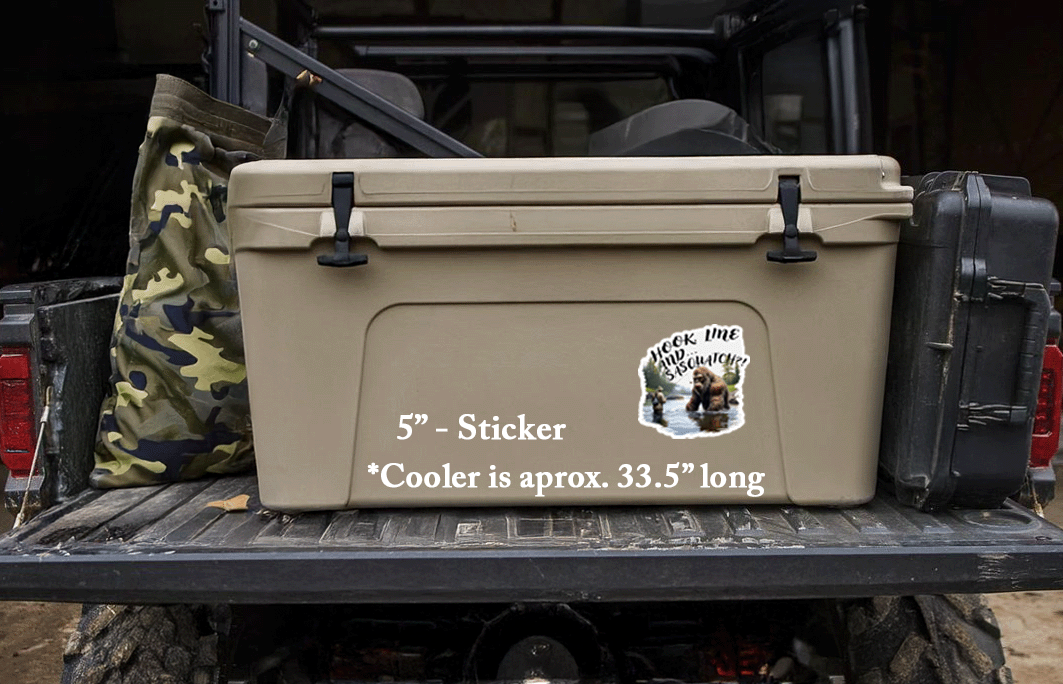 5 inch Hook Line Sasquatch outdoor sticker applied to cooler surface, perfect for gear customization.
