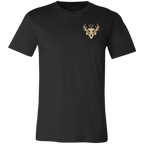 Front view of a black core bighorn sheep shirt with a small tan Fearless Harbor chest logo on the left chest.