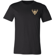 Front view of a black core bighorn sheep shirt with a small tan Fearless Harbor chest logo on the left chest.