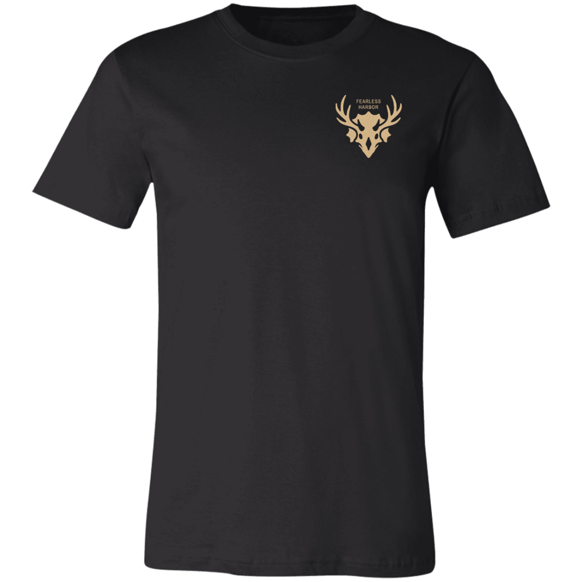 Front view of a black core bighorn sheep shirt with a small tan Fearless Harbor chest logo on the left chest.