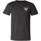 Front view of a dark grey heather core bighorn sheep shirt with a small tan Fearless Harbor chest logo on the left chest.