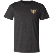 Front view of a dark grey heather core bighorn sheep shirt with a small tan Fearless Harbor chest logo on the left chest.