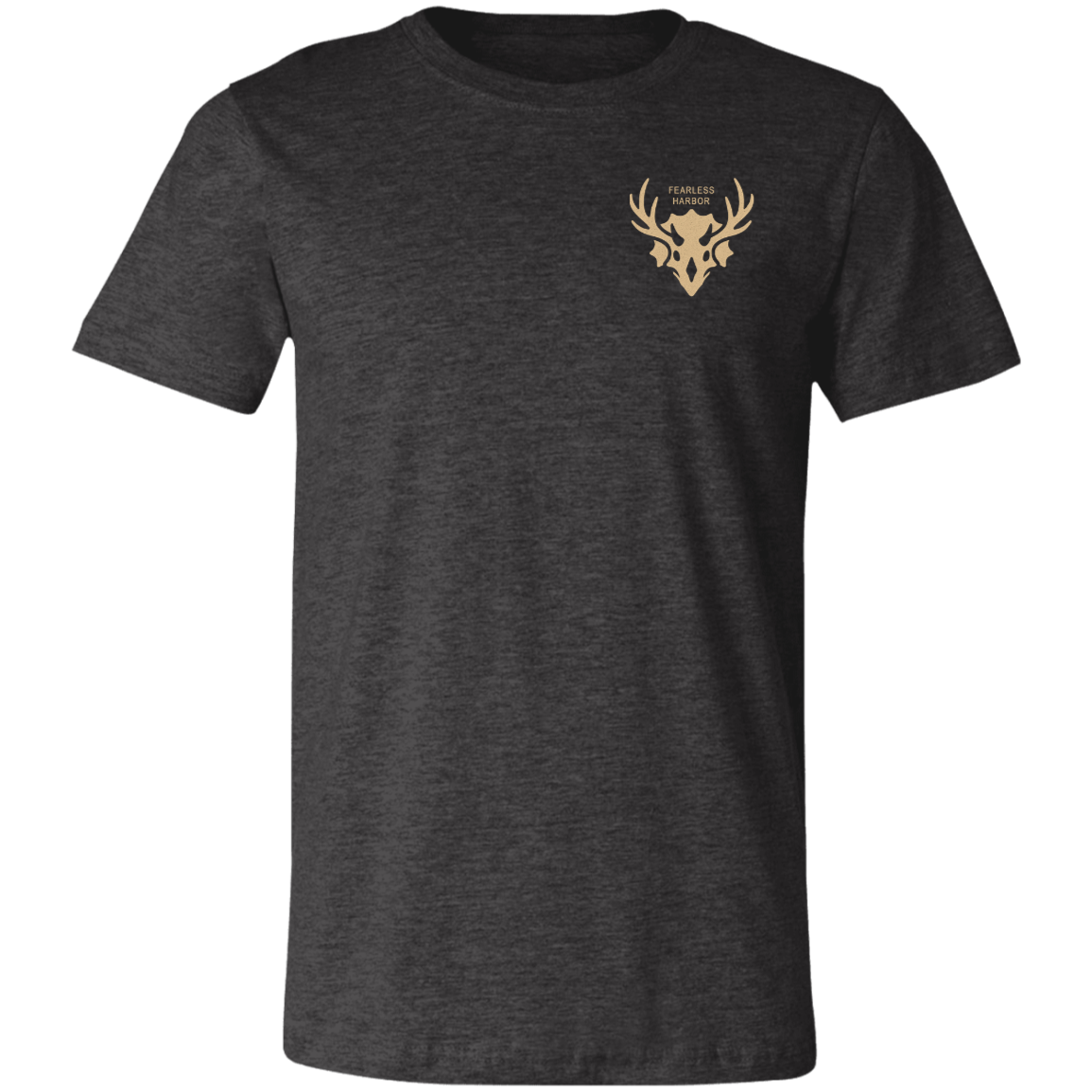 Front view of a dark grey heather core bighorn sheep shirt with a small tan Fearless Harbor chest logo on the left chest.