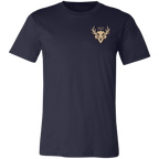 Front view of a navy core bighorn sheep shirt with a small tan Fearless Harbor chest logo on the left chest.