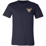 Front view of a navy core bighorn sheep shirt with a small tan Fearless Harbor chest logo on the left chest.