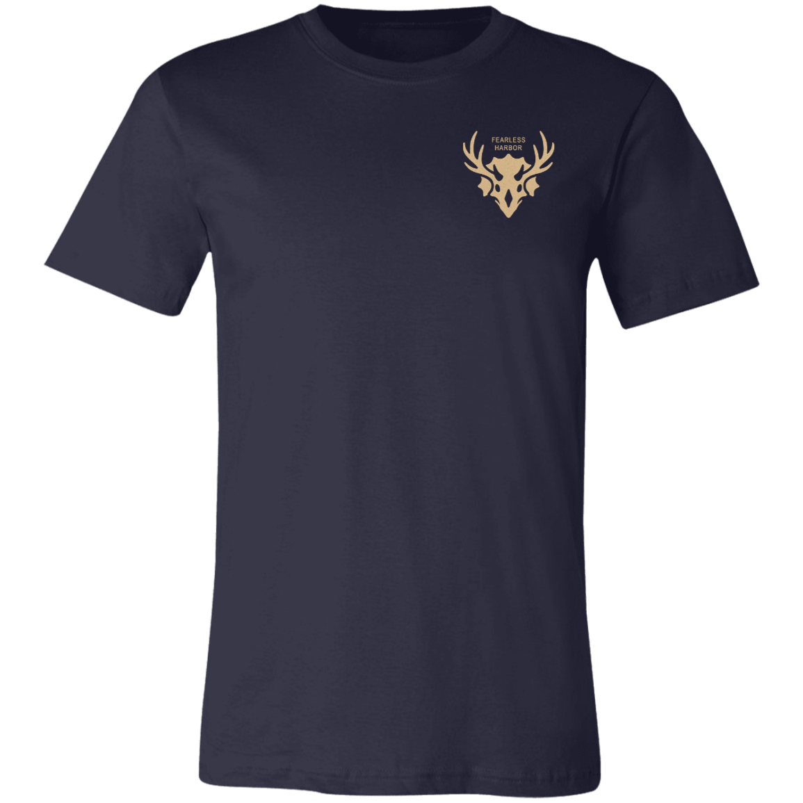 Front view of a navy core bighorn sheep shirt with a small tan Fearless Harbor chest logo on the left chest.