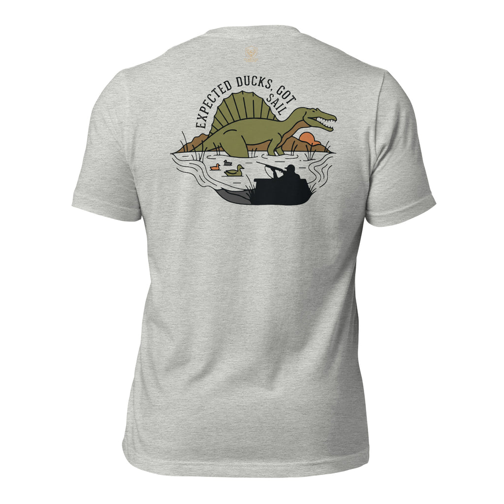 Athletic Heather men’s duck hunting graphic tee back view showing sail backed dinosaur rising from flooded timber