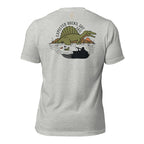 Athletic Heather men’s duck hunting graphic tee back view showing sail backed dinosaur rising from flooded timber