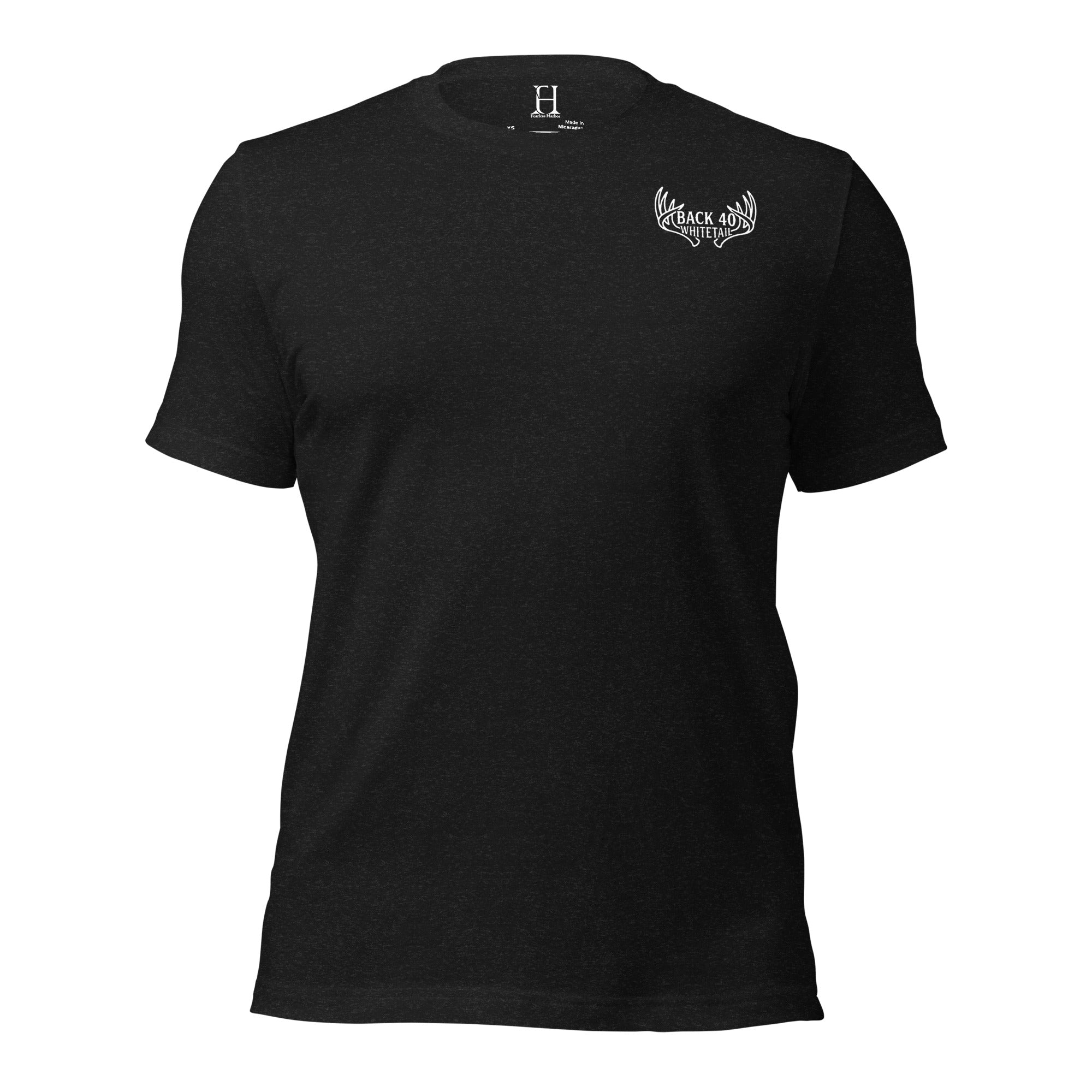 Front view of Back 40 League Whitetail Classic Tee in black heather – men’s whitetail hunting shirt by Fearless Harbor