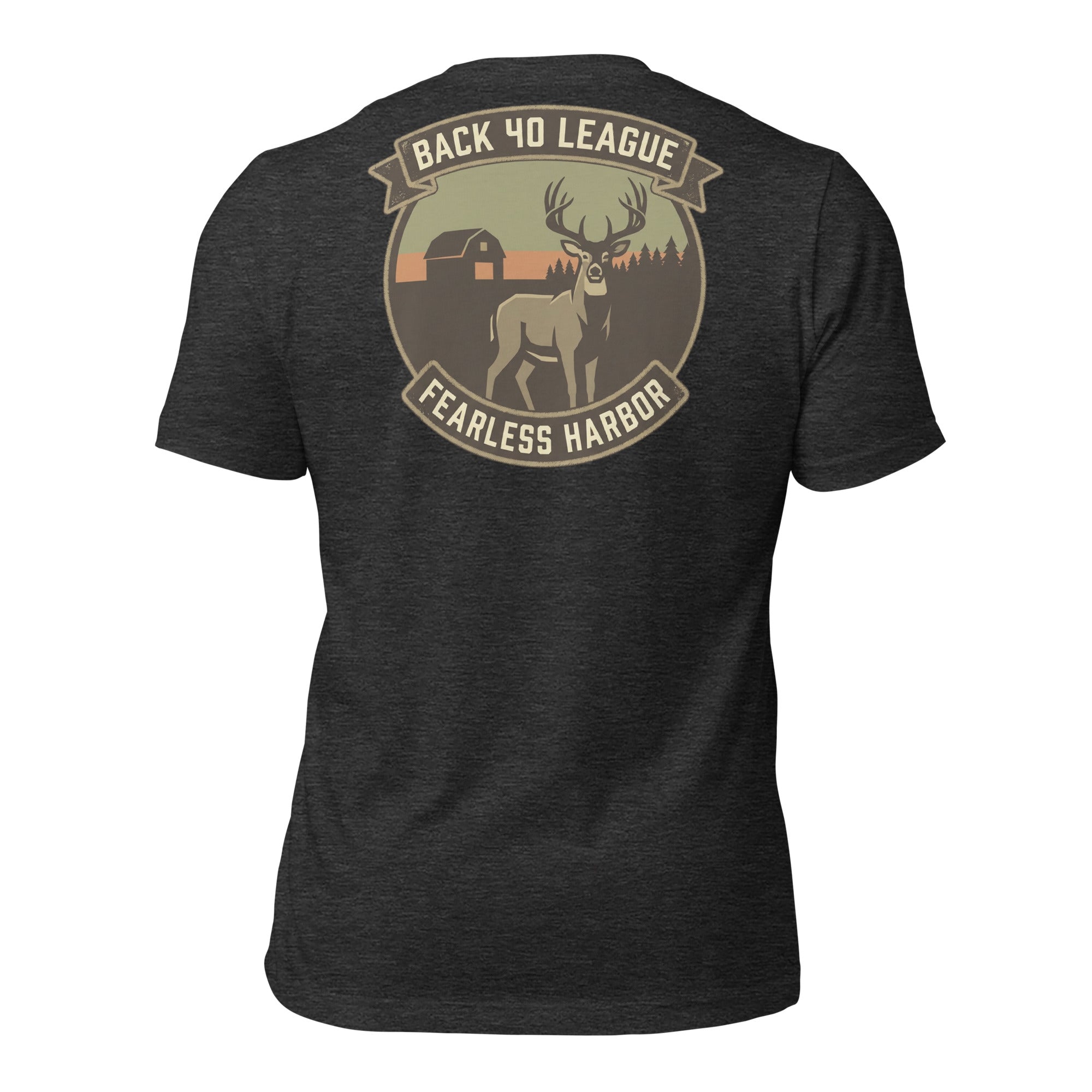 Back view of Back 40 League Whitetail Classic Tee in dark grey heather – men’s hunting lifestyle tee