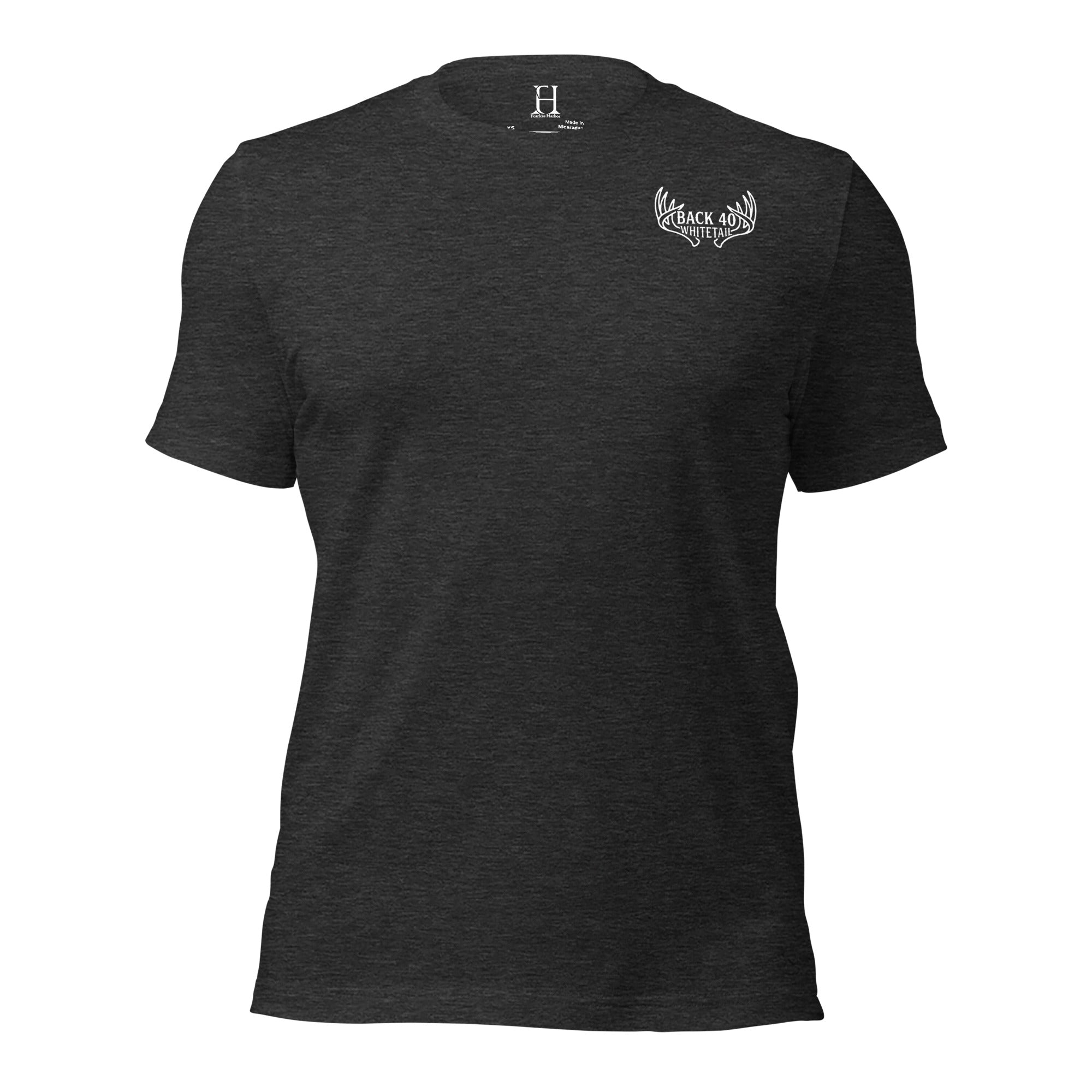 Front view of Back 40 League Whitetail Classic Tee in dark grey heather – men’s whitetail hunting shirt