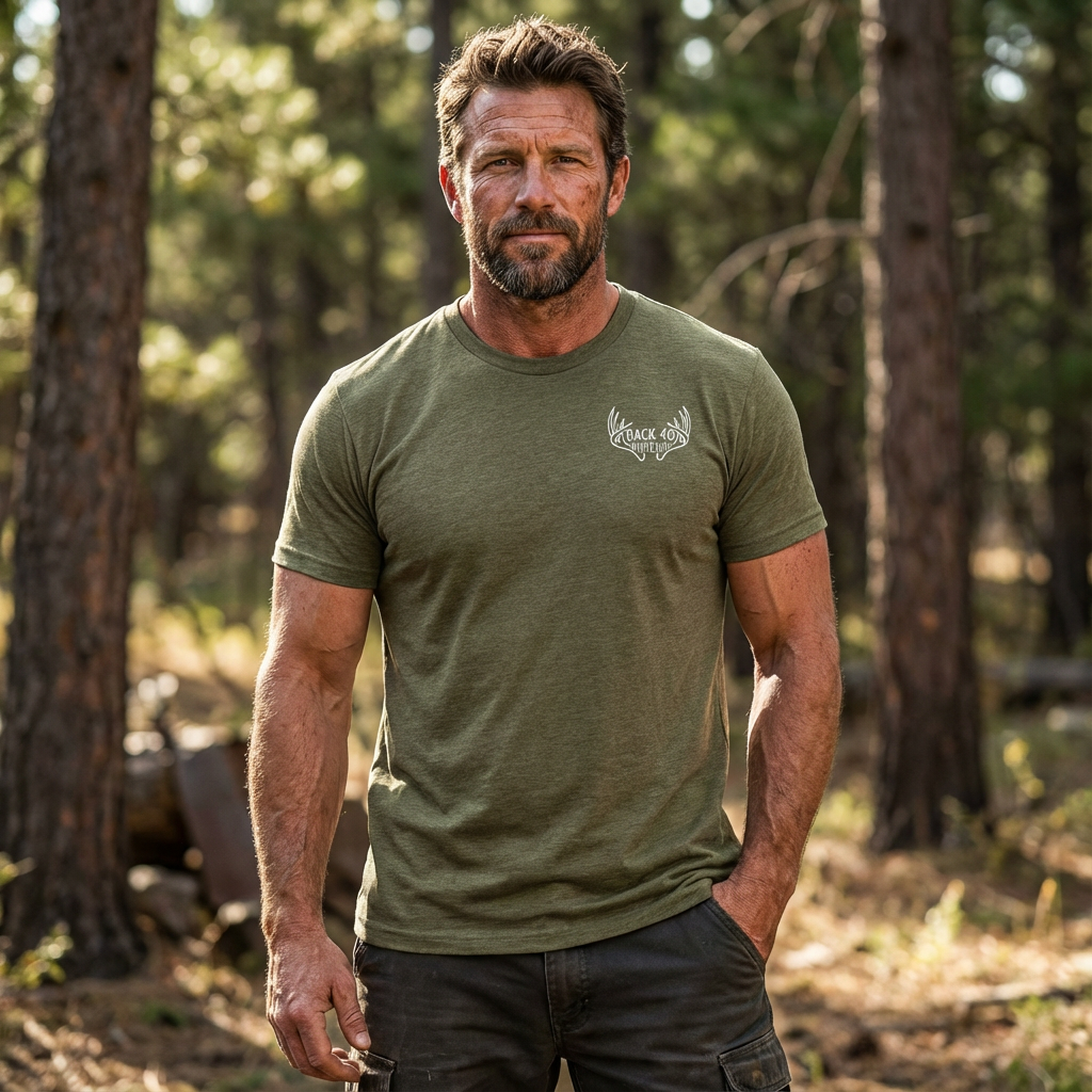 Man standing in a field and forest edge wearing the Back 40 League Whitetail Classic Tee in heather olive – front view men’s whitetail hunting shirt