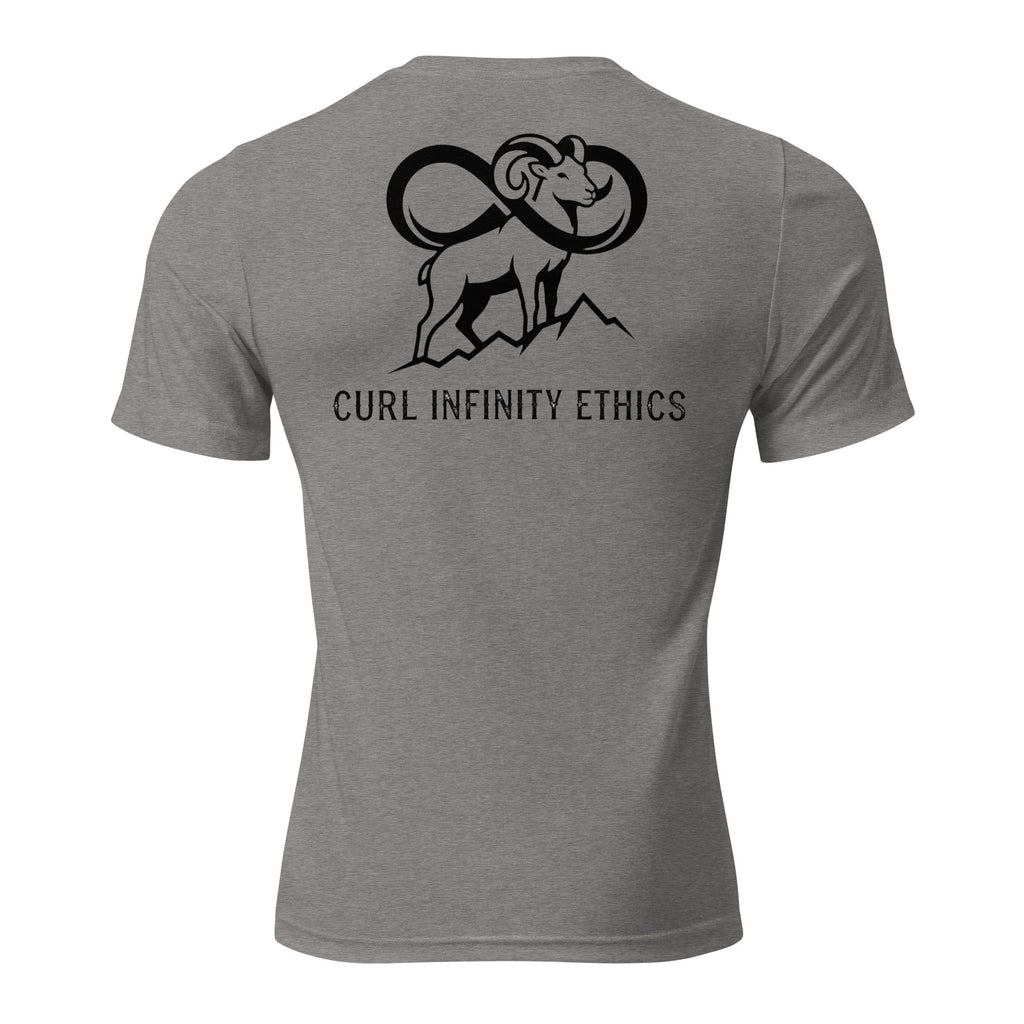 Back view of mens grey triblend tee showing Fearless Harbor left chest logo with clean minimalist outdoor hunting style.