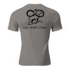 Back view of mens grey triblend tee showing Fearless Harbor left chest logo with clean minimalist outdoor hunting style.