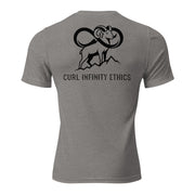 Back view of mens grey triblend tee showing Fearless Harbor left chest logo with clean minimalist outdoor hunting style.