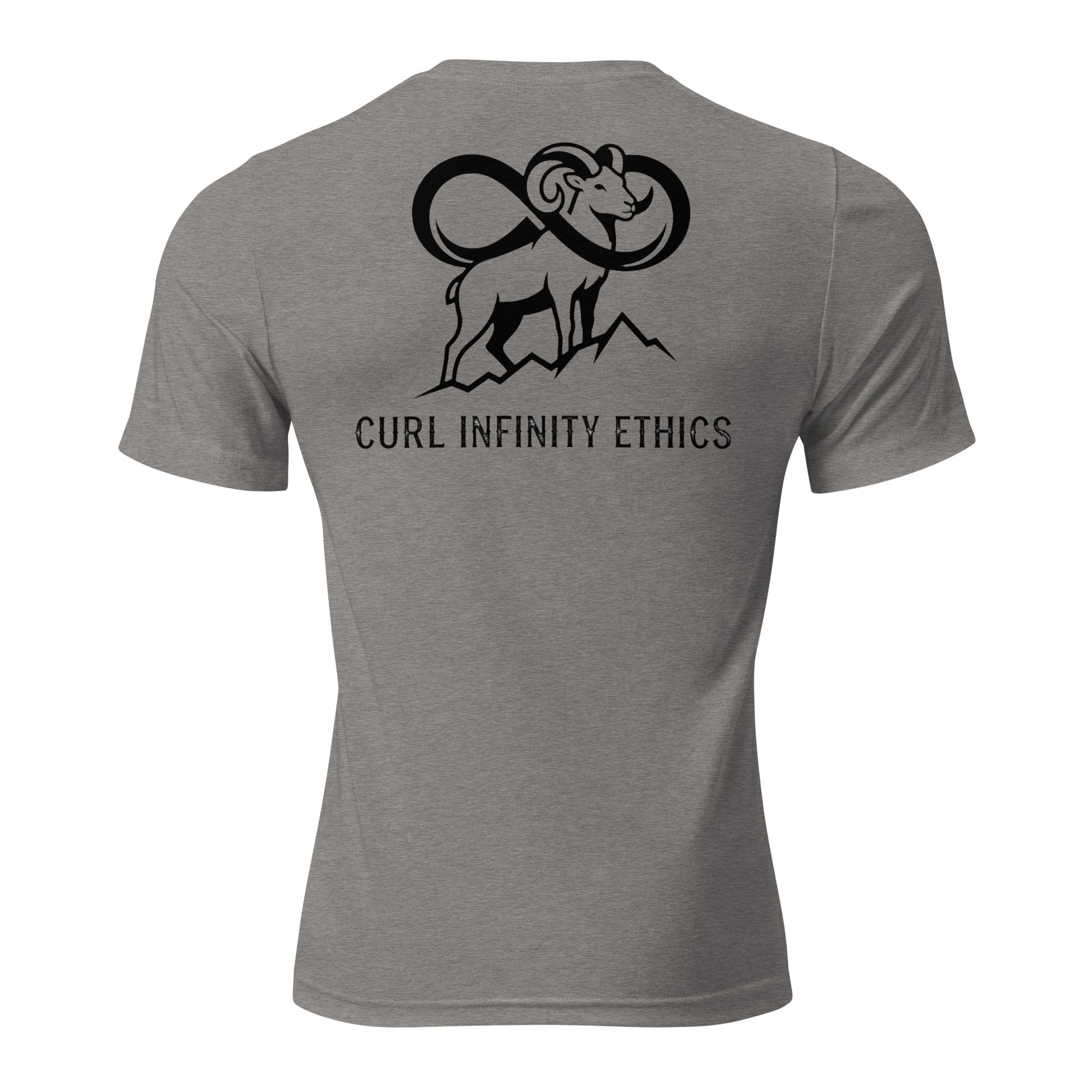 Back view of mens grey triblend tee showing Fearless Harbor left chest logo with clean minimalist outdoor hunting style.