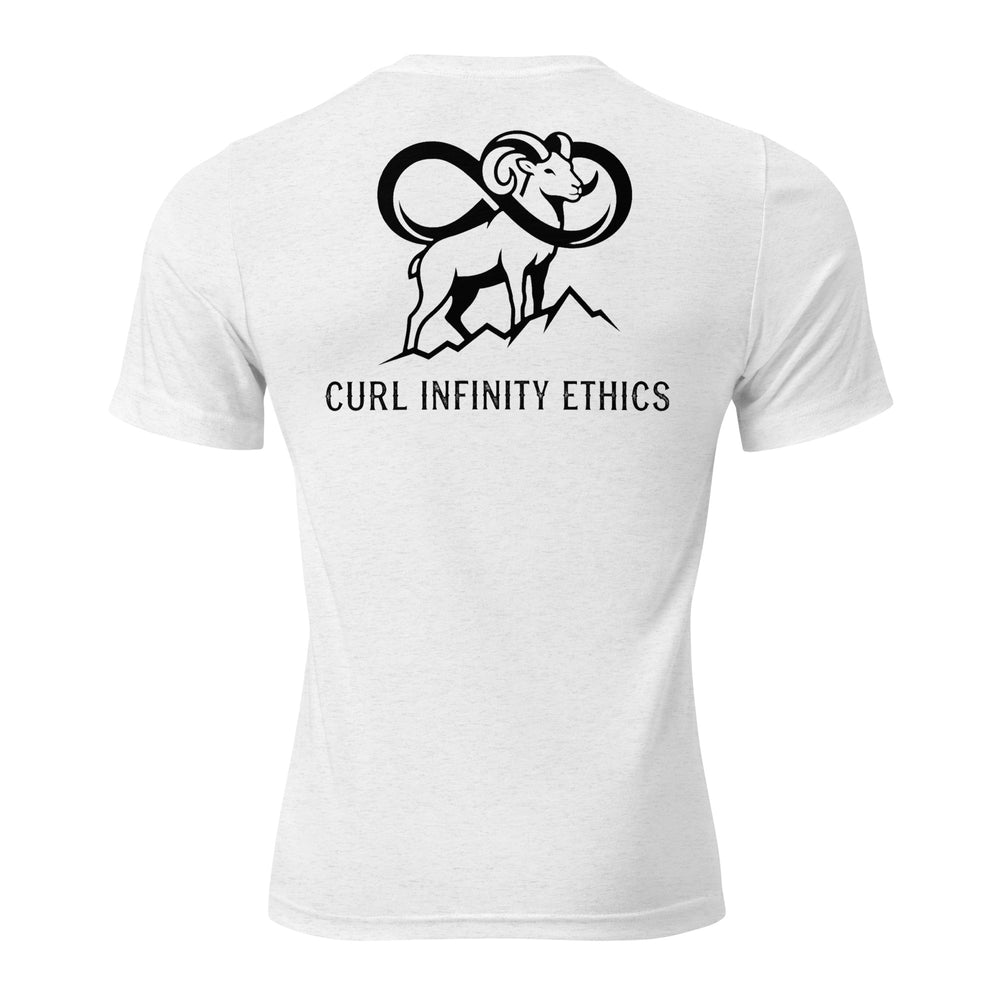 Back view of mens tee in white showing Fearless Harbor left chest logo with subtle outdoor style.