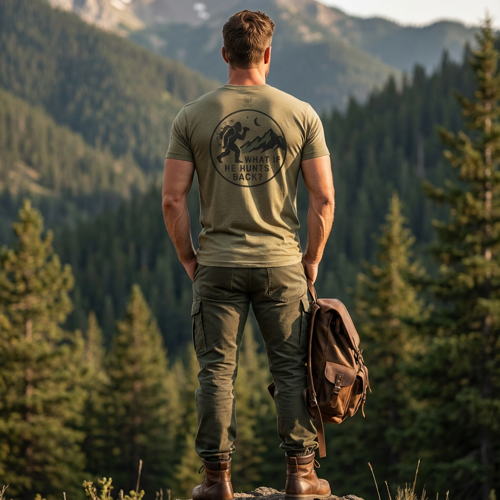 Man in a green Bigfoot Hunting What if he hunts us t-shirt and pants standing in a forest with mountains in the background