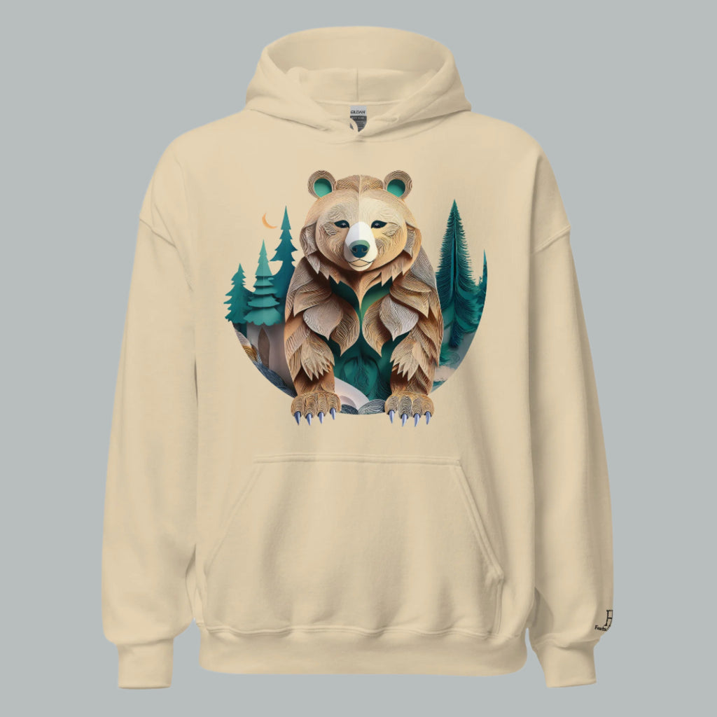 Front of Bear Haven Pullover Hoodie in Sand with Bear standing in trees design.