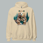 Front of Bear Haven Pullover Hoodie in Sand with Bear standing in trees design.
