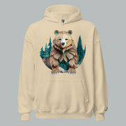 Front of Bear Haven Pullover Hoodie in Sand with Bear standing in trees design.