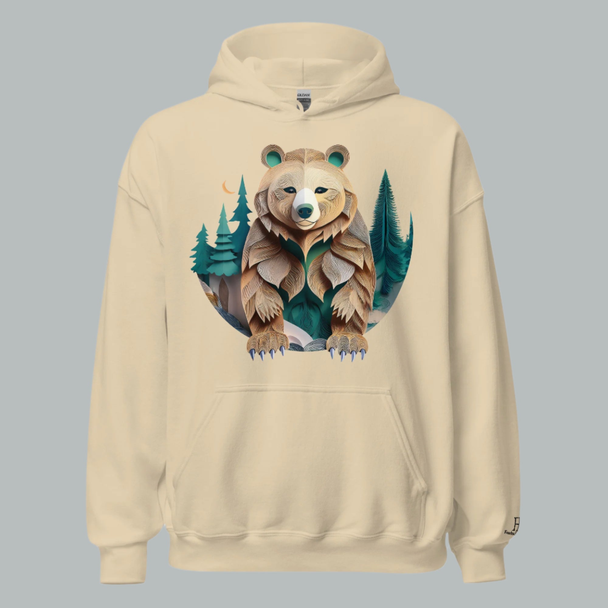 Front of Bear Haven Pullover Hoodie in Sand with Bear standing in trees design.