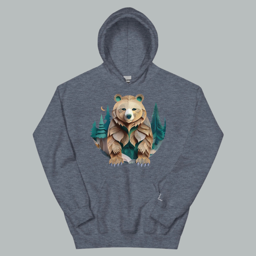 Front of Bear Haven Pullover Hoodie in Sport Dark Navy with Bear standing in trees design.