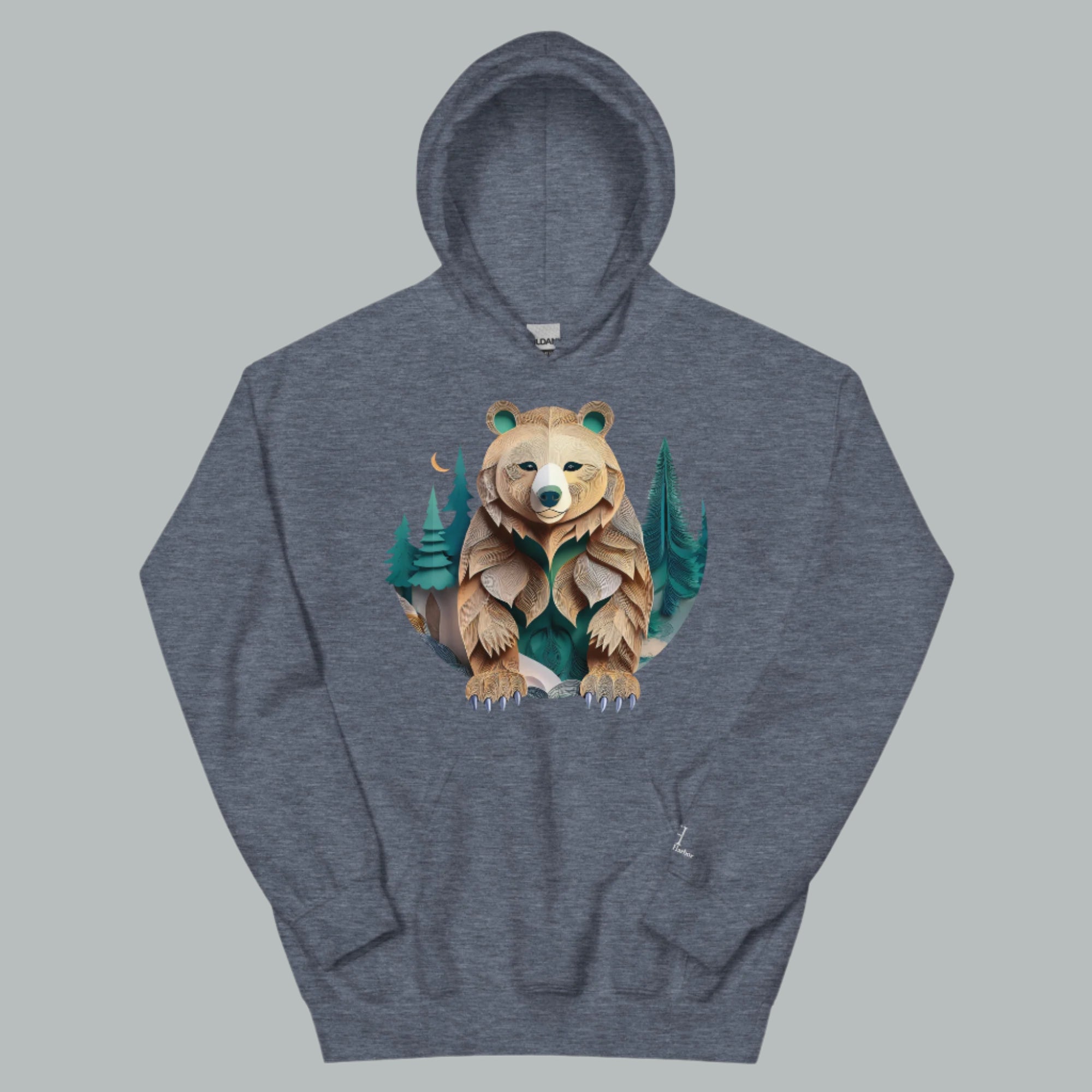 Front of Bear Haven Pullover Hoodie in Sport Dark Navy with Bear standing in trees design.