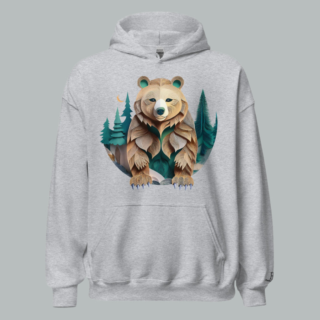 Front of Bear Haven Pullover Hoodie in Sport Grey with Bear standing in trees design.
