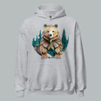Front of Bear Haven Pullover Hoodie in Sport Grey with Bear standing in trees design.