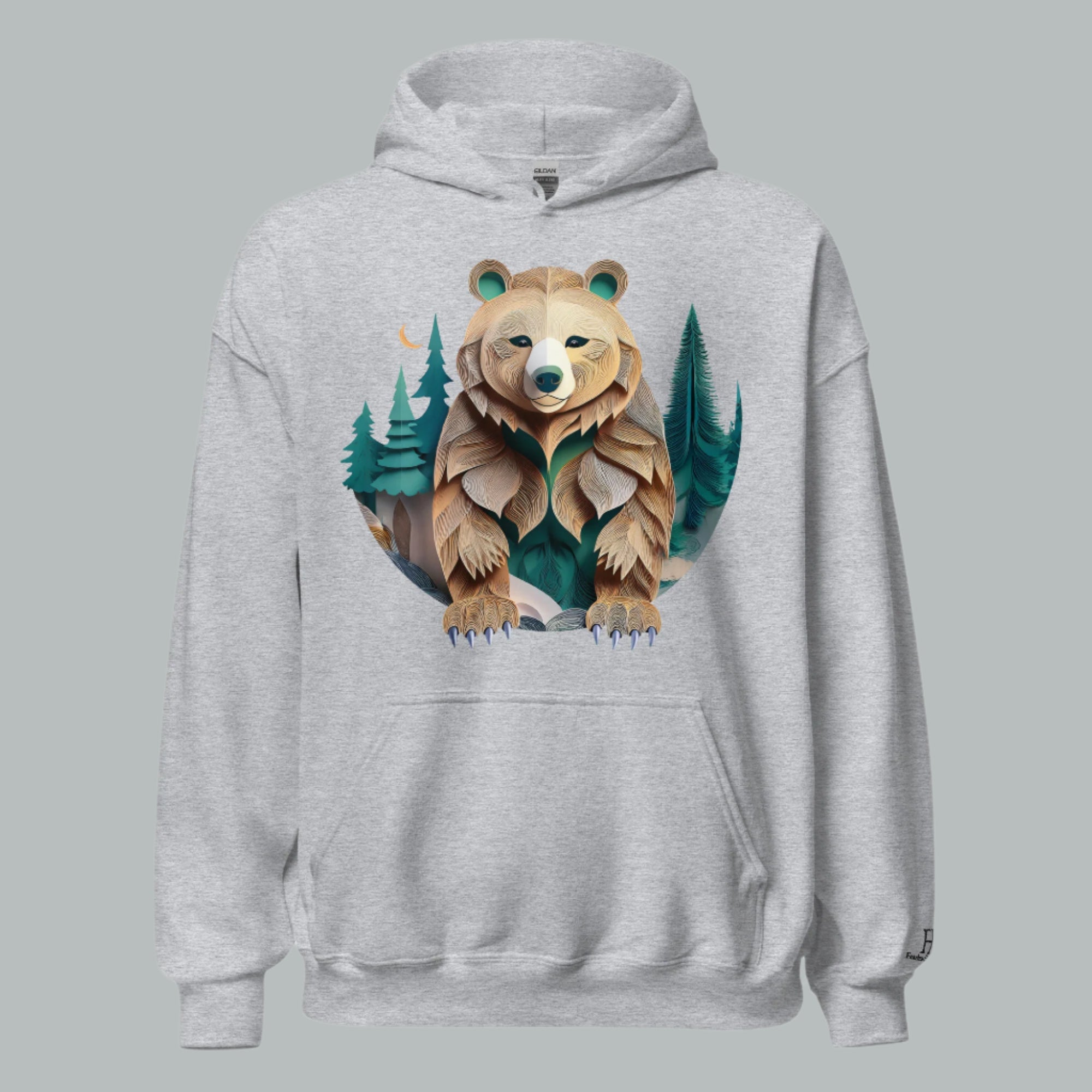 Front of Bear Haven Pullover Hoodie in Sport Grey with Bear standing in trees design.