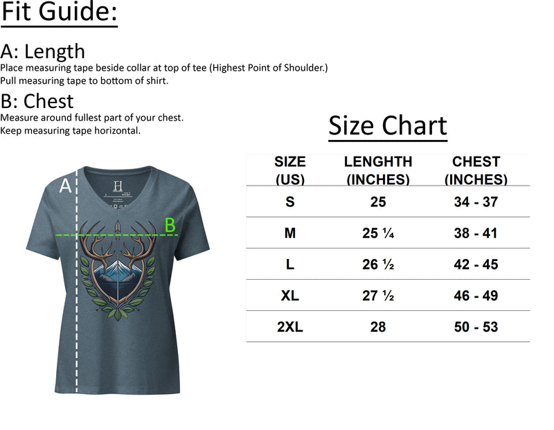 Size chart for Fearless Harbor Women’s Bighorn Sheep Ram Profile V-Neck Tee