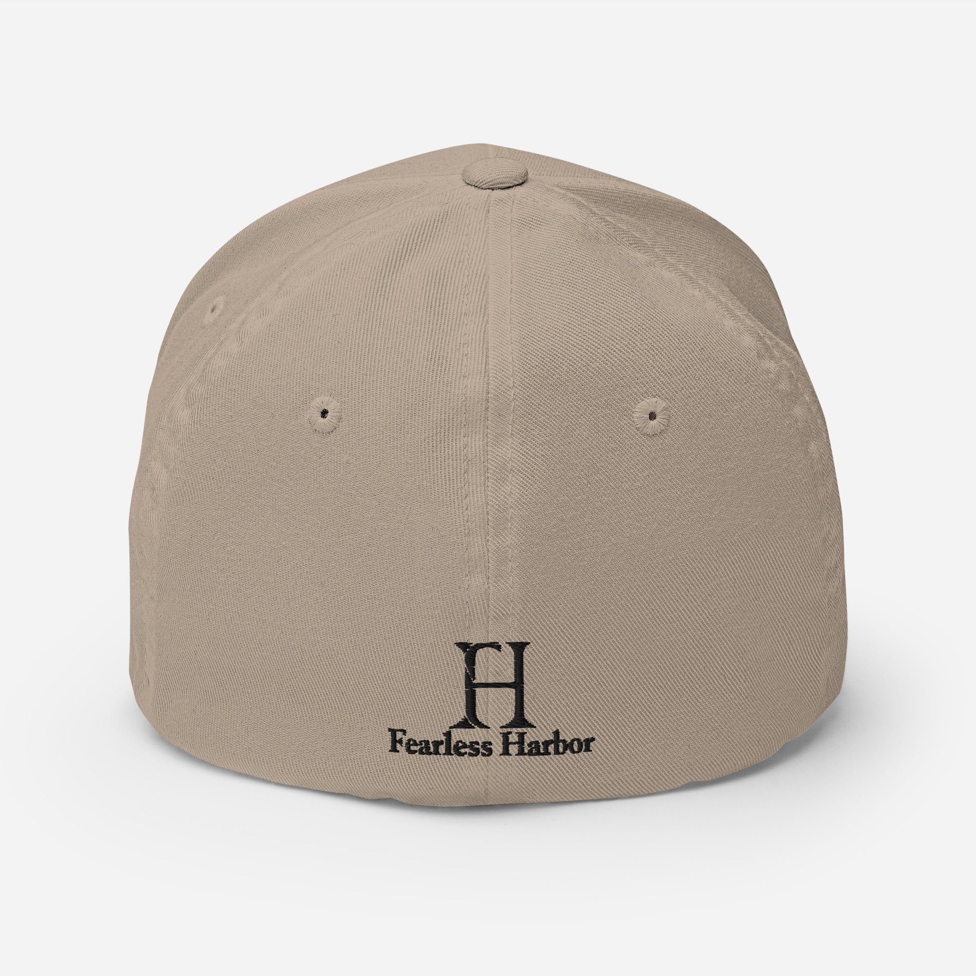 Back of Big Buck FlexFit Hat in Khaki, with black embroidery of FH logo.