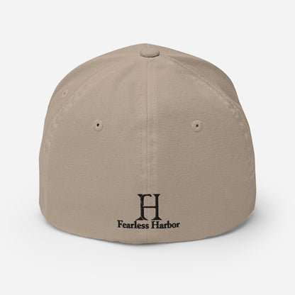 Back of Big Buck FlexFit Hat in Khaki, with black embroidery of FH logo.