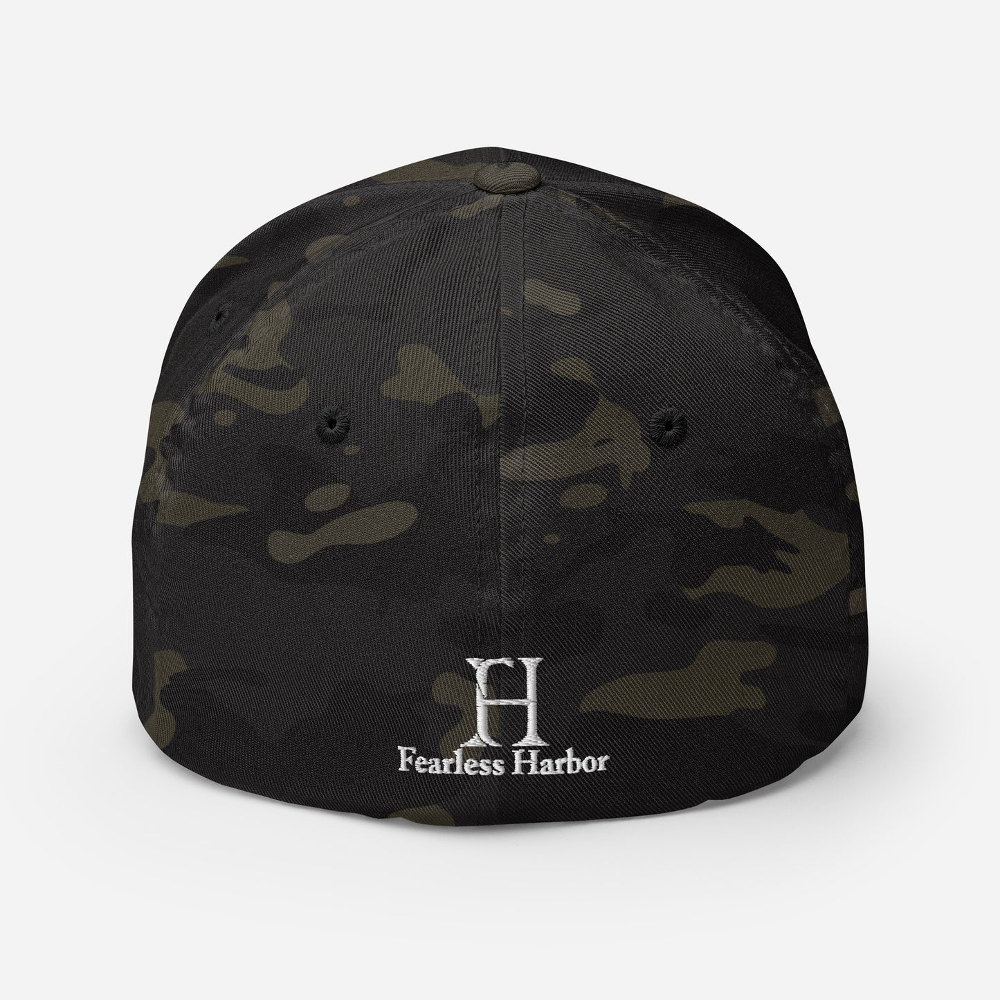 Back of Big Buck FlexFit Hat in Multicam Black, with white embroidery of FH logo.