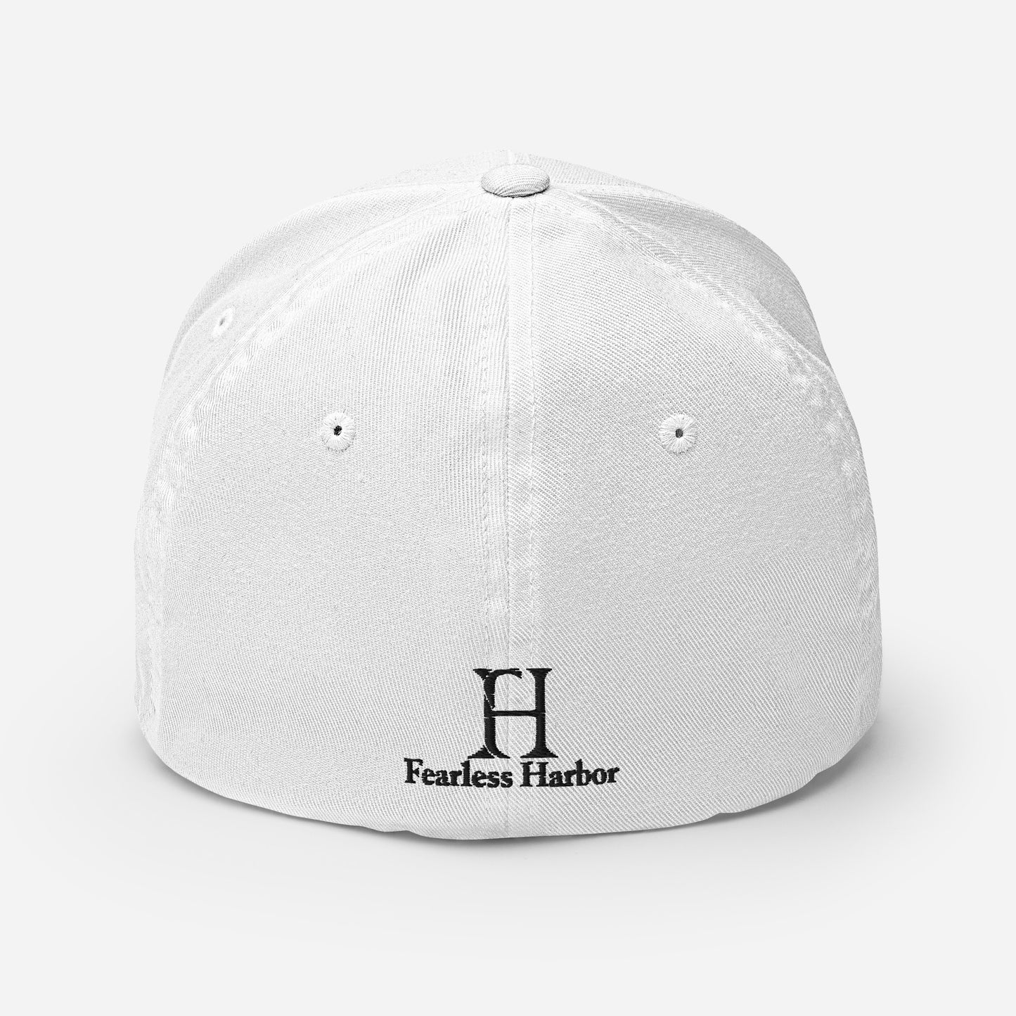 Back of Big Buck FlexFit Hat in White, with black embroidery of FH logo.