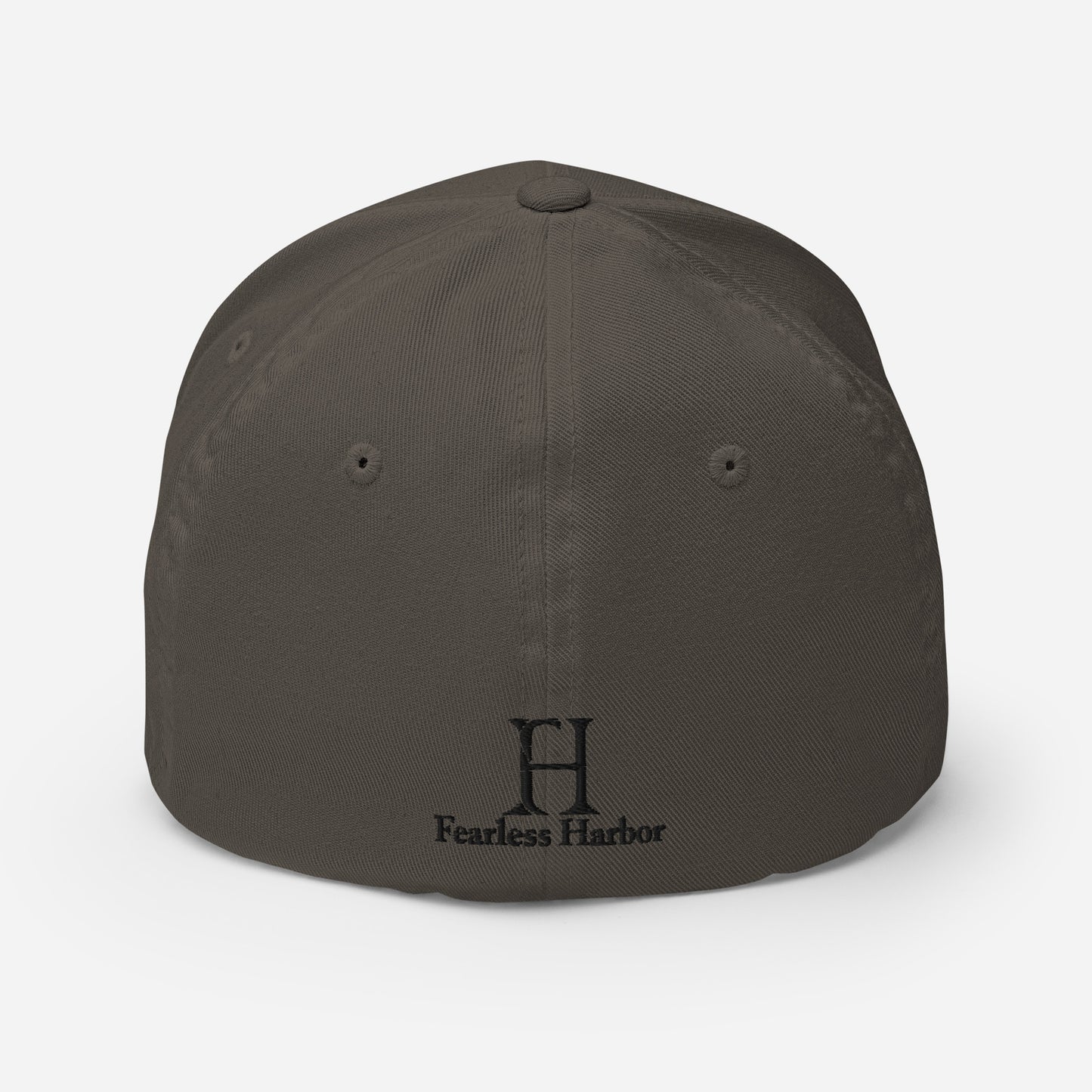 Back of Big Buck FlexFit Hat in Dark Grey, with black embroidery of FH logo.